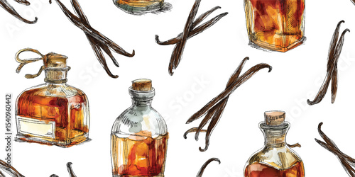 Rustic Tincture Bottles and Vanilla Pods Seamless Pattern. Warm Spice Infusion Elements for design, textile, packaging, fabric, wallpaper, branding, stationery, wrapping paper interior decor.