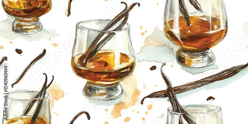 Whiskey Glasses with Vanilla Pods and Ice Cubes Seamless Pattern. Rich Flavored Spirit Composition for design, textile, packaging, fabric, wallpaper, branding, wrapping paper interior decor.