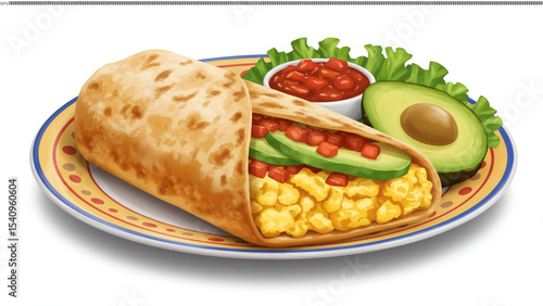 Exquisite Breakfast Burrito Delight: A tempting, mouthwatering breakfast burrito presented on a colorful plate, accompanied by a side of fresh avocado and salsa.