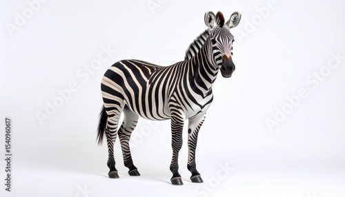 A striking close-up of a zebra set against a bright white background with crisp studio lighting, showcasing its bold black-and-white stripes, vivid textures, and graceful natural elegance