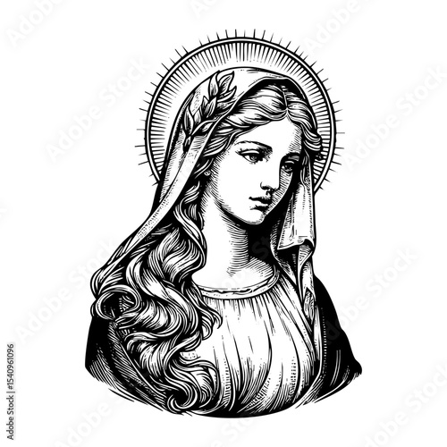 Virgin mary engraving black and white outline. Scratch board imitation. illustrated in vintage line art style on a white background.