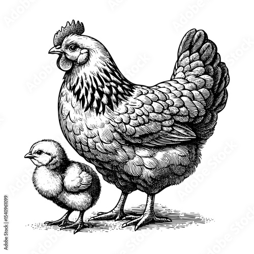 Chicken hen sketch engraving black and white outline. Scratch board imitation.  illustrated in vintage line art style on a white background.