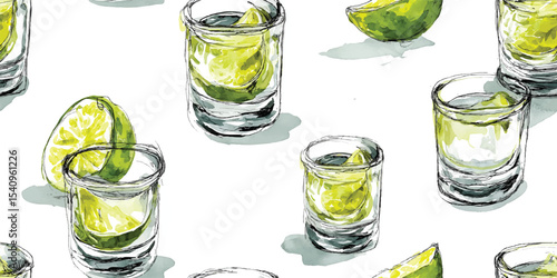 Refreshing Lime Slices and Shot Glasses Seamless Pattern. Vibrant Citrus Beverage Display for design, textile, packaging, fabric, wallpaper, branding, stationery, wrapping paper interior decor