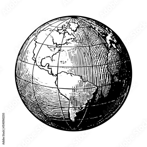 Earth globe sketch engraving black and white outline. Scratch board imitation.  illustrated in vintage line art style on a white background.