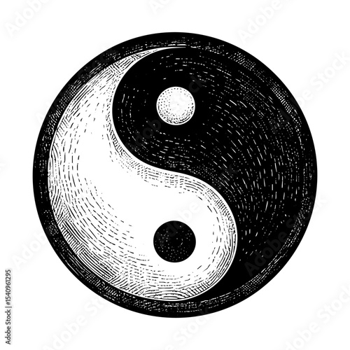 Yin and yang sketch engraving black and white outline. Scratch board imitation.  illustrated in vintage line art style on a white background.C5136