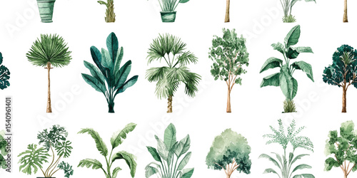Watercolor Seamless Pattern of Lush Dinosaur-Era Ferns and Trees. Prehistoric Flora Growing for design, textile, packaging, fabric, wallpaper, branding, stationery, wrapping paper interior decor