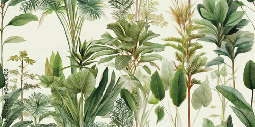 Watercolor Botanical Collage of Diverse Prehistoric Plants. Lush Green Foliage Seamless Pattern for design, textile, packaging, fabric, wallpaper, branding, stationery, wrapping paper interior decor