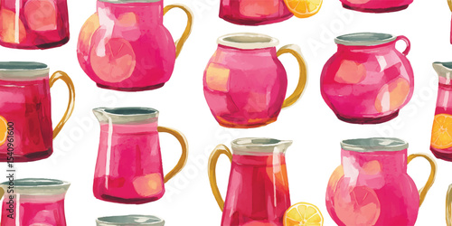 Vibrant Pink Lemonade Pitchers with Citrus Slices Seamless Pattern. Summer Drink Design for design, textile, packaging, fabric, wallpaper, branding, stationery, wrapping paper interior decor.