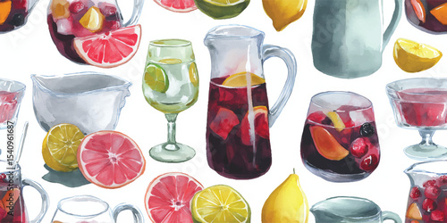 Colorful Sangria Pitchers and Grapefruit Slices eamless Pattern. Vibrant Summer Drink Design for design, textile, packaging, fabric, wallpaper, branding, stationery, wrapping paper interior decor.