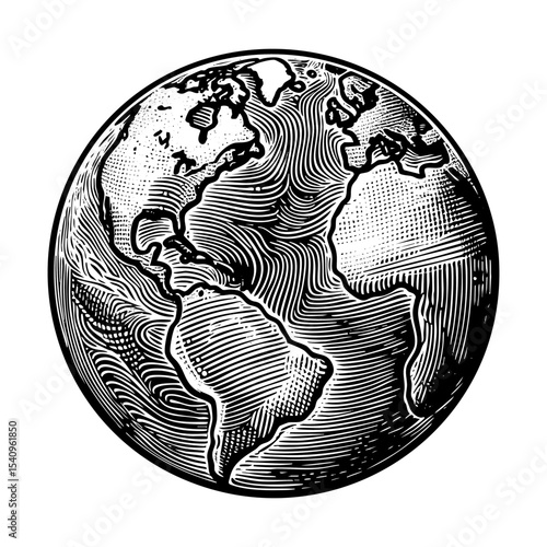 Earth globe sketch engraving black and white outline. Scratch board imitation.  illustrated in vintage line art style on a white background.