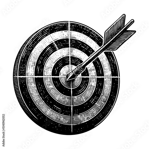 Arrow on target sketch engraving black and white outline. Scratch board imitation.  illustrated in vintage line art style on a white background.