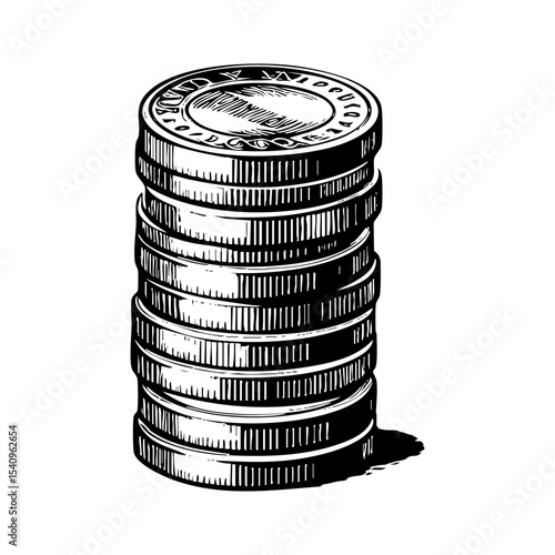 Coin stack sketch engraving black and white outline. Scratch board imitation.  illustrated in vintage line art style on a white background.