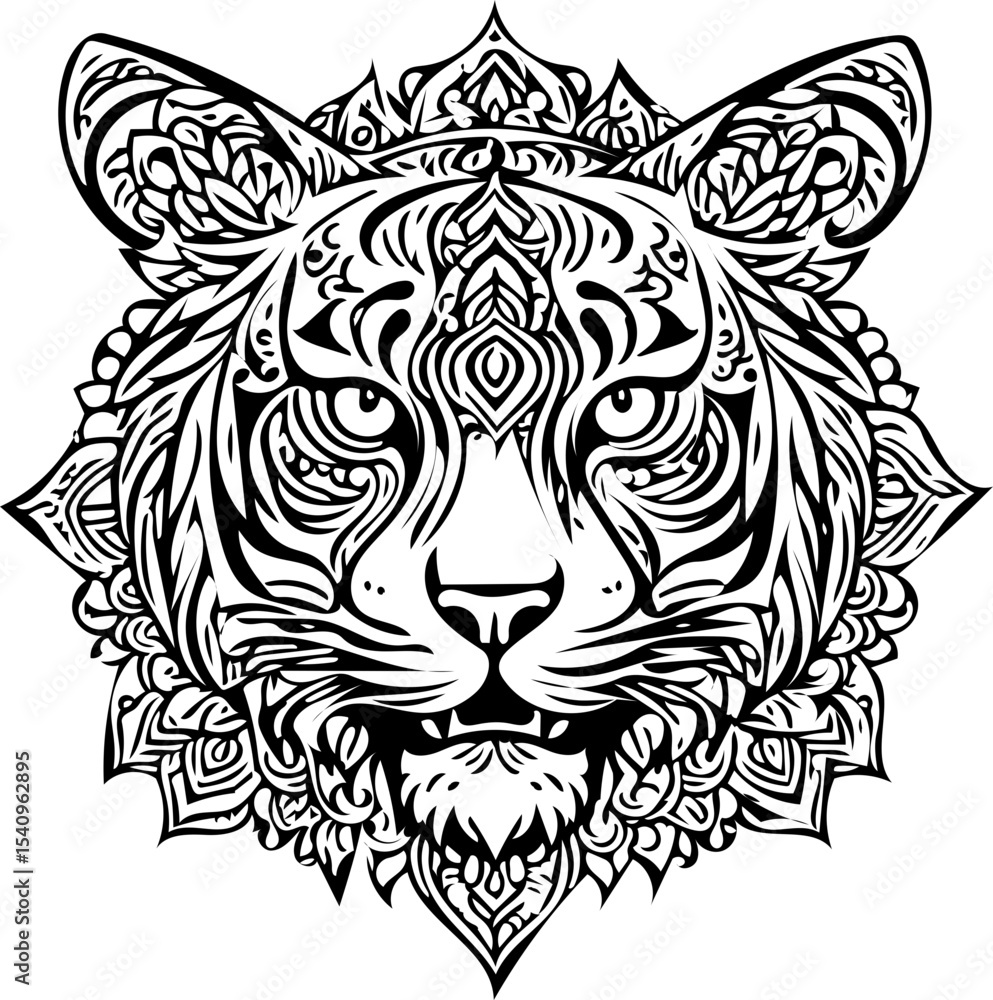 Fototapeta premium Tiger face in mandala tattoo style, intricate black line vector pattern