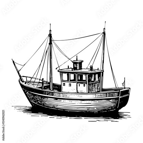 fishing boat sketch engraving black and white outline. Scratch board imitation.