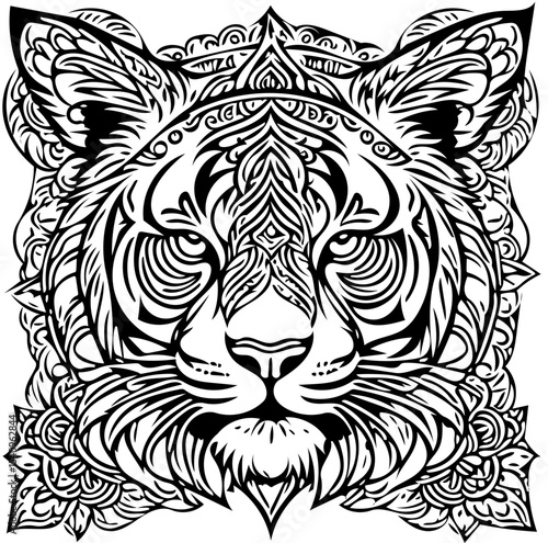 Tiger face in mandala tattoo style, intricate black line vector pattern