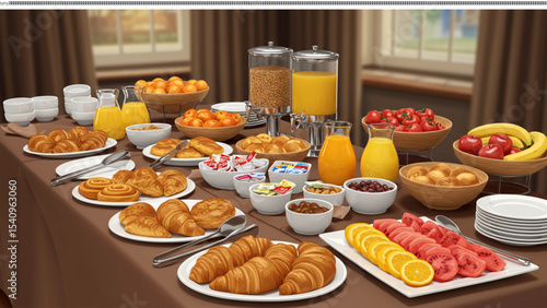 Breakfast Buffet Display: A delectable spread of continental breakfast, with a rich assortment of fresh fruits, pastries, and juices, perfectly arranged on a table for a delightful morning feast.