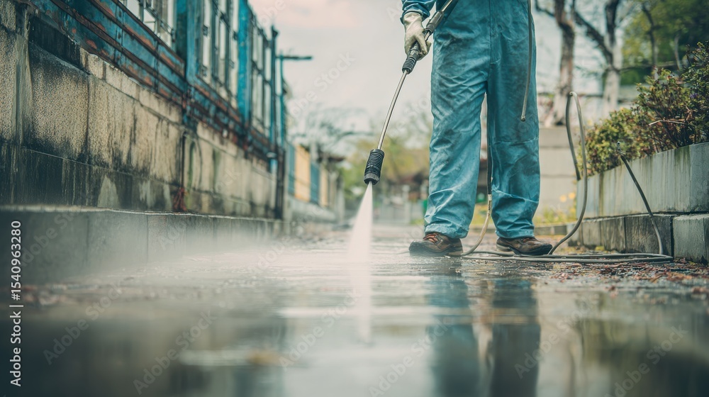 Obraz premium High-Quality Stock image of professional worker using pressure washer, exterior cleaning, sidewalk, water spray, working outdoors, cleaning concept.