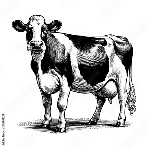 Dairy cow sketch engraving black and white outline. Scratch board imitation.  illustrated in vintage line art style on a white background.