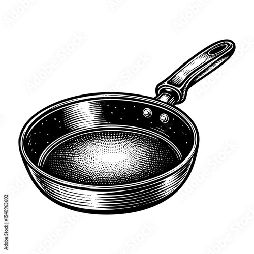 Frying pan sketch engraving black and white outline. Scratch board imitation.