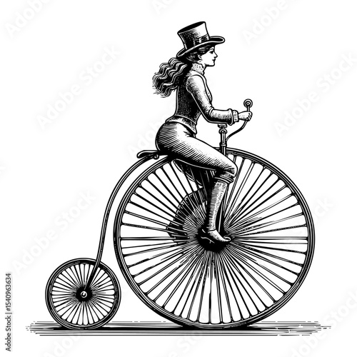 Woman riding penny farthing bicycle sketch engraving black and white outline. Scratch board imitation.  illustrated in vintage line art style on a white background.