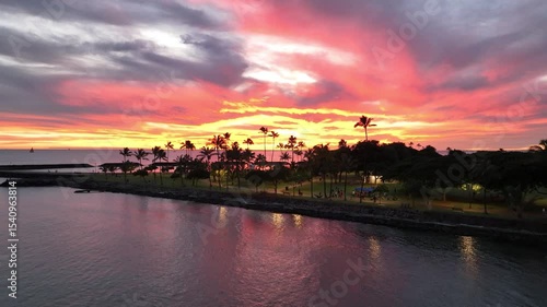 Pink Sky Sunset over Magic Island with Palms