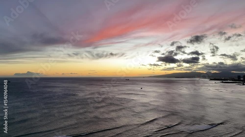 Pink Waikiki Sunset- drone rising up