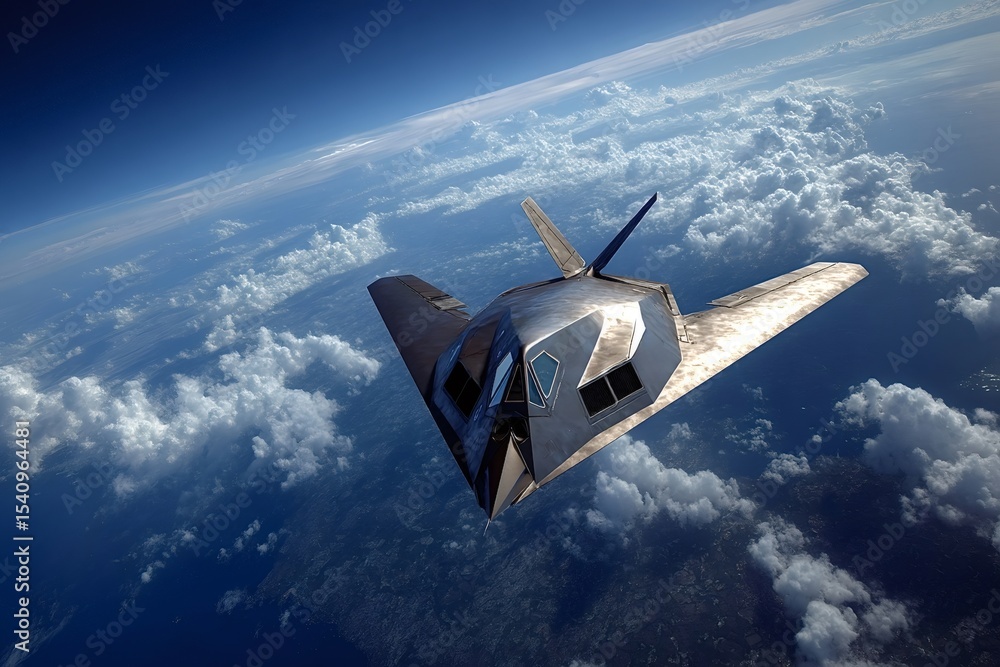 Naklejka premium Stealth bomber soaring through the atmosphere, a symbol of advanced military technology and strategic air power, with clouds scattered below