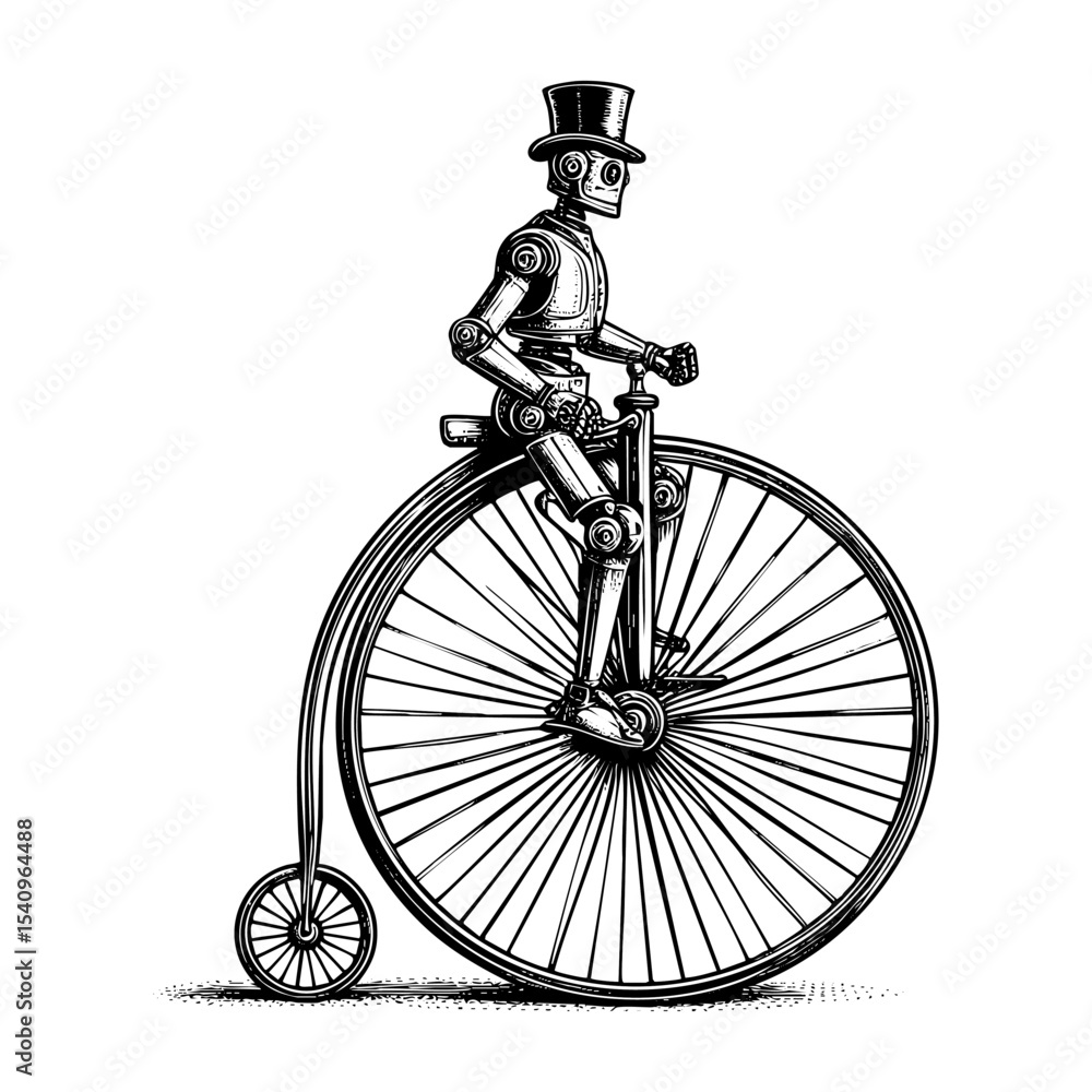 Obraz premium Gentleman riding penny farthing bicycle sketch engraving black and white outline. Scratch board imitation. illustrated in vintage line art style on a white background.