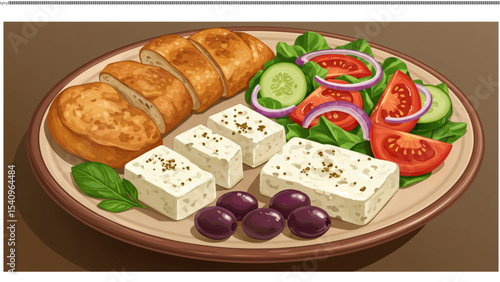 Mediterranean Plate: A delectable illustration of a Mediterranean meal featuring feta cheese, olives, fresh salad, and crusty bread.
