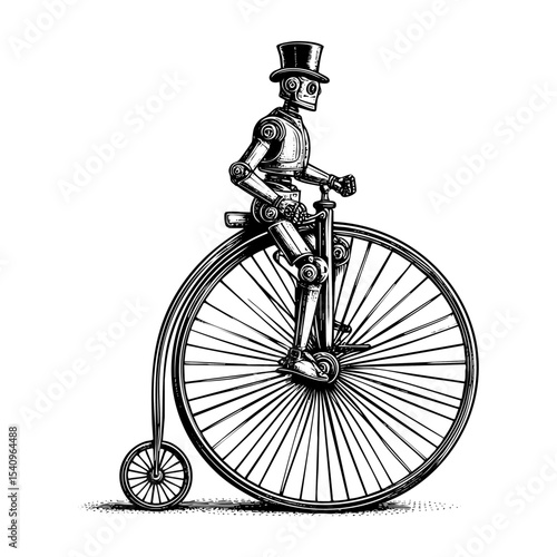 Gentleman riding penny farthing bicycle sketch engraving black and white outline. Scratch board imitation.  illustrated in vintage line art style on a white background.