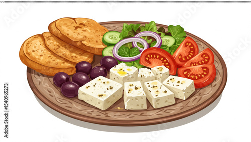 Culinary Collage: An artistic composition of a mediterranean cuisine delights the eye with a fresh feta cheese, juicy tomato slices, crusty bread, flavorful black olives, cucumber.