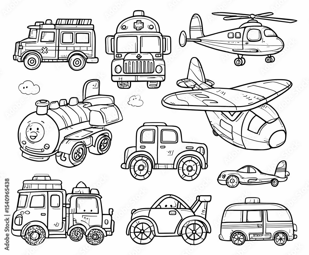Obraz premium Transportation Coloring Pages – Cars, Trucks, Helicopters, and Planes for Kids