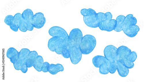 Cute colorful oil pastel drawing turquoise blue fluffy cloud elements. Hand painted with crayon pencils textured clouds for kids print design, patterns, stickers, apps and books decoration