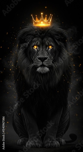 Powerful Black Lion with Glowing Eyes and Golden Crown