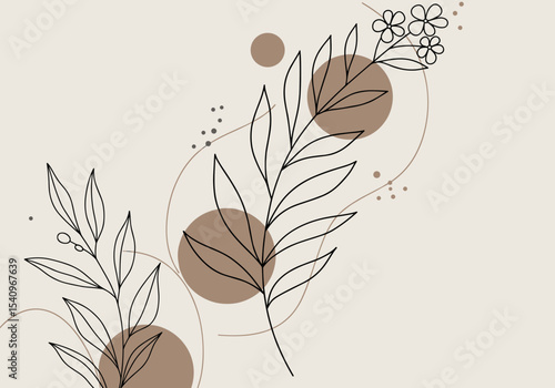 Abstract floral design with line art and earth tone shapes  