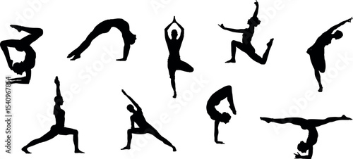 Vector silhouette of people doing yoga.