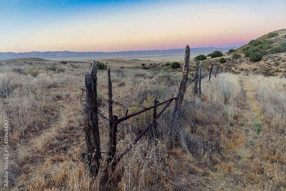 Fototapeta premium A rustic, weathered fence and gate stand in a dry, grassy field in Carrizo Plain National Monument, California, USA. The scene evokes a sense of rural America and the passage of time.