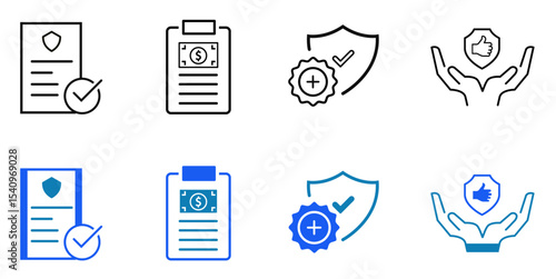Insurance assurance flat and line icon set. Financial security, personal, property insurance, risk management, legal coverage, medical, life, car, home icons. Editable vector illustration
