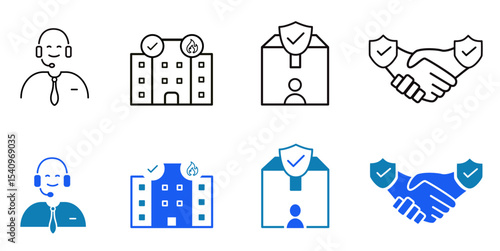 Insurance assurance flat and line icon set. Financial security, personal, property insurance, risk management, legal coverage, medical, life, car, home icons. Editable vector illustration