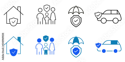 Insurance assurance flat and line icon set. Financial security, personal, property insurance, risk management, legal coverage, medical, life, car, home icons. Editable vector illustration