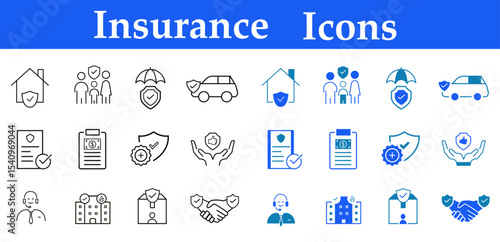 Insurance assurance flat and line icon set. Financial security, personal, property insurance, risk management, legal coverage, medical, life, car, home icons. Editable vector illustration