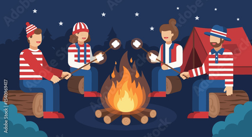 USA Independence Day Celebrating State & Federal Unity Around a Campfire