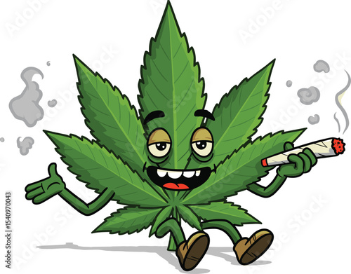 Happy Cannabis Leaf Cartoon Character Smoking Joint, Illustrating Relaxed Marijuana Culture and Recreational Use Concepts