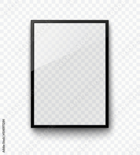 Screen or photo frame isolated on transparent background. Realistic vertical picture, photograph border. Vector glass black photoframe, tablet display