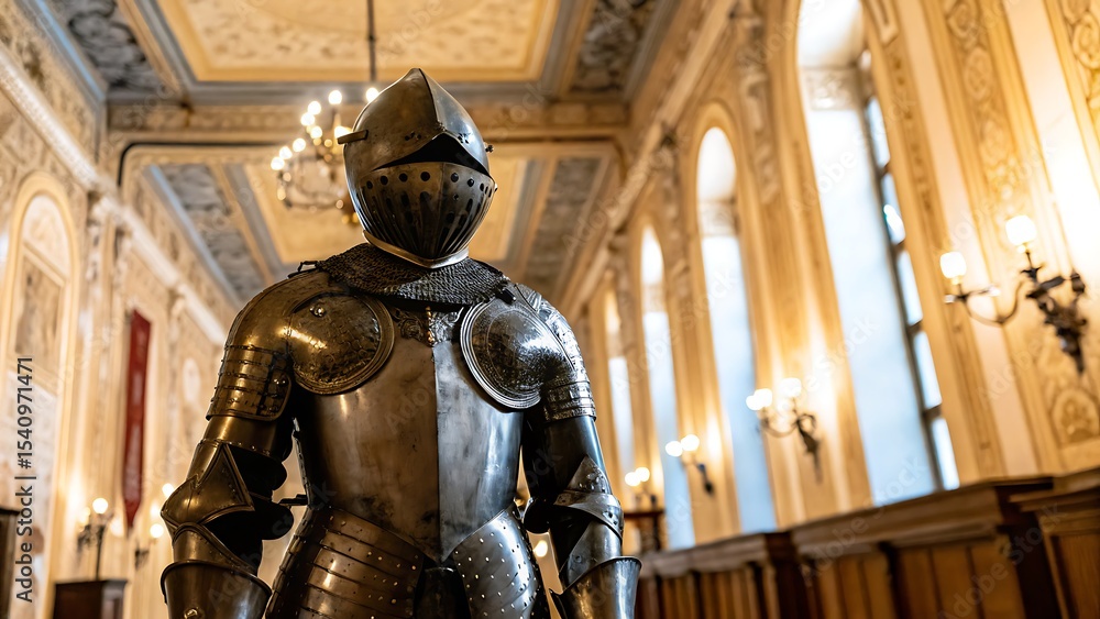 A full suit of armor stands in a grand hall with ornate walls and arched windows light A full suit of armor stands in a grand hall with ornate walls and arched windows light