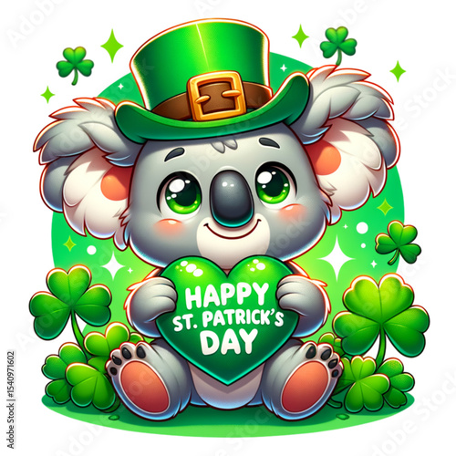 Koala Celebration on St. Patrick's Day: An adorable koala, adorned in a vibrant green hat, merrily clasps a heart-shaped sign to celebrate the festive occasion.