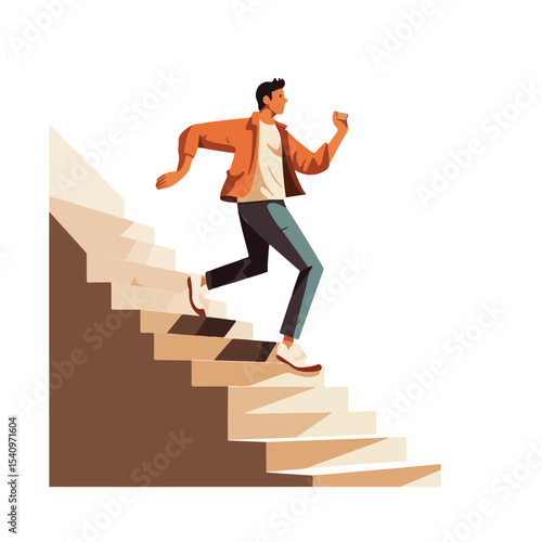 Young Man Climbing Stairs Up Character Vector Illustration