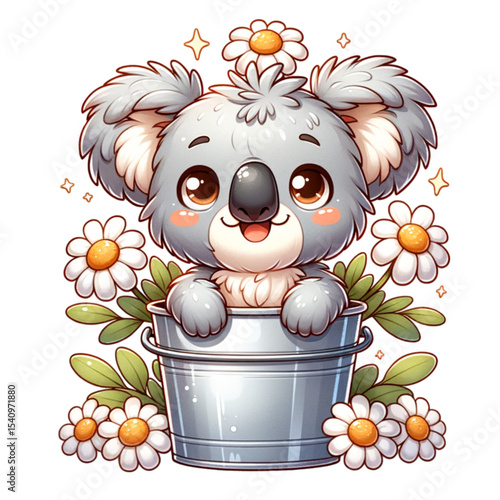 Cute Koala Bear: A charming cartoon koala bear emerges from a metal bucket surrounded by daisy, radiating innocence and delight in a vibrant illustrative style.