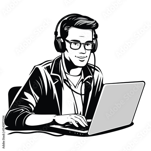 Professional Call Center Operator Providing Technical Support on Laptop