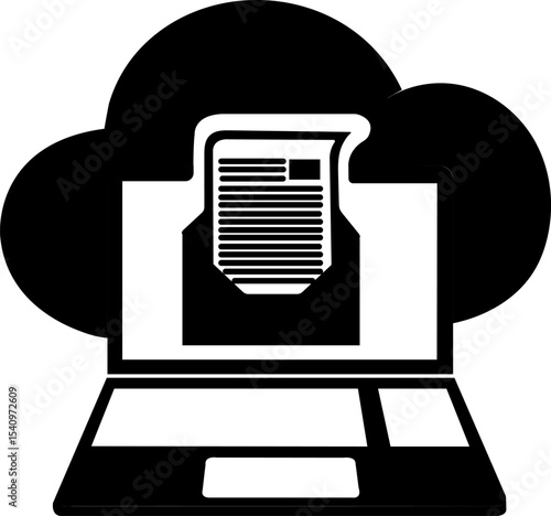 Solid filled icon of a laptop with cloud and mail. Ideal for remote work apps, online storage services, and modern productivity interfaces